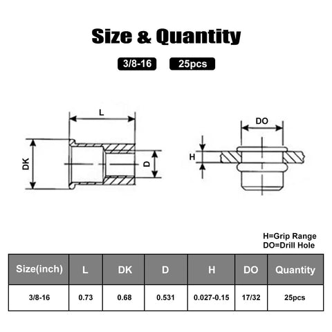 Technical diagram of 25 Pack Rivet Nut Set 3/8-16 UNC In 304 Stainless Steel With Knurled Body including size and quantity details.
