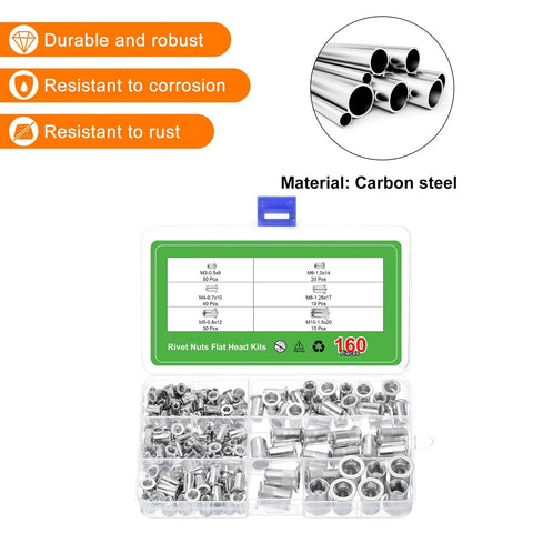Rivet Nuts Flat Head Set With Knurled Body, 160 Pcs, M3 M4 M5 M6 M8 M10 Aluminum Alloy Insert Nuts in a plastic case