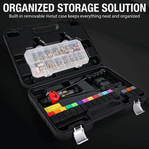 Rivet Nut Tool, 16-inch Rivnut Tool Kit with organized case, showing 15 SAE & Metric Mandrels and 236pcs Rivnut Assortment