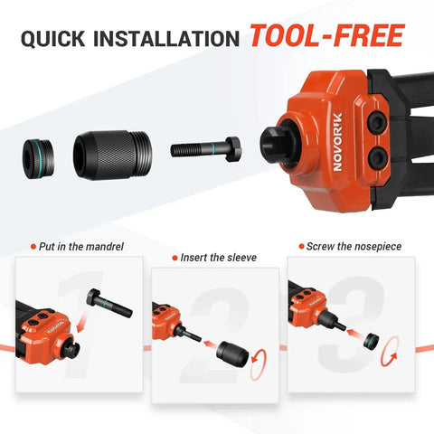 Rivet Nut Tool Kit 16 Inch Pro Grade Set With 15 Mandrels And 182 Rivet Nuts, SAE And Metric Sizes, showing quick installation steps