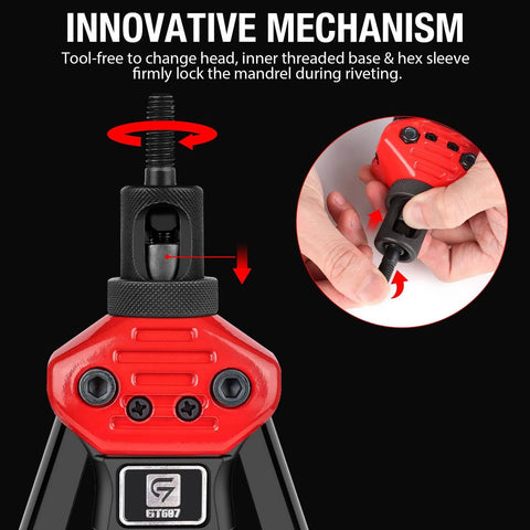 Close-up of Rivet Nut Tool with innovative mechanism, featuring tool-free head change and mandrel locking in use.