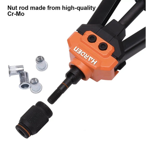 Close-up of 16 Inch Rivet Nut Tool Kit with 7 Interchangeable Mandrels M3 to M12 and 70 Rivet Nuts in a Heavy Duty Carrying Case.