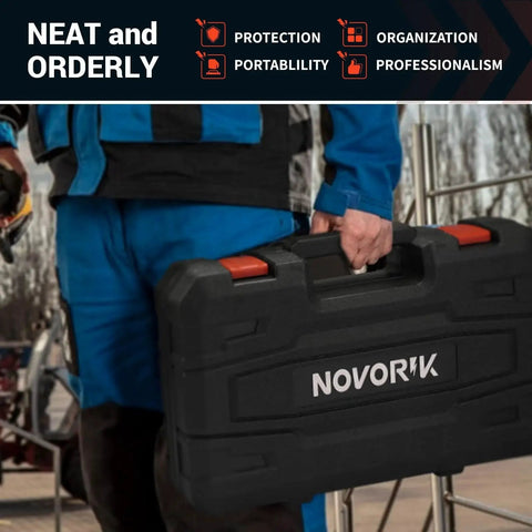 Person carrying rugged case for Rivet Nut Tool Kit 16 Inch Pro Grade Set With 15 Mandrels And 182 Rivet Nuts, ideal for metalwork.