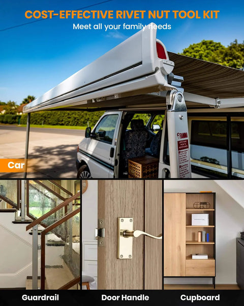 Uses for Rivet Nut Tool Kit with 80PCS Rivet Nuts on car awning, guardrail, door handle, and cupboard installation.