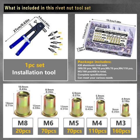 Pressure Rivet Nut Tool Kit, 430Pcs Metric Rivet Nut Combination (M8/M6/M5/M4/M3), installation tool and assortment box included