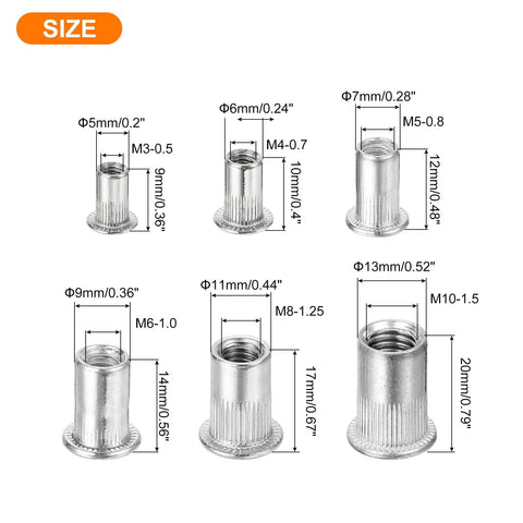 Rivet Nuts Flat Head Set With Knurled Body, 160 Pcs, M3 M4 M5 M6 M8 M10 Aluminum Alloy Insert Nuts sizes diagram