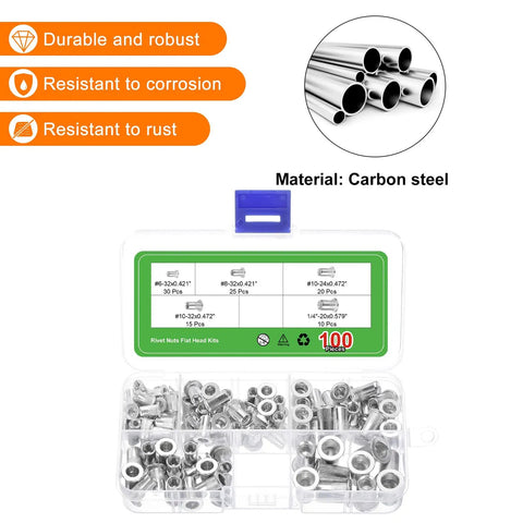 Rivet Nuts Kit With 100 Pieces In Five Thread Sizes Including 6-32, 8-32, 10-24, 10-32, And 1/4-20 Aluminum Knurled Rivet Nuts For Automotive