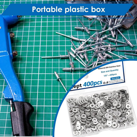 400 Pcs 1/8 Inch Pop Rivet Washers Set for 1/8 Rivets Stainless Steel Aluminum with plastic box on grid background