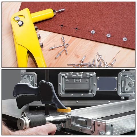 4mm By 12mm Aluminum Blind Rivets Open End With Flat Round Head For Metal And Leather Black 50 Pack in use with rivet gun