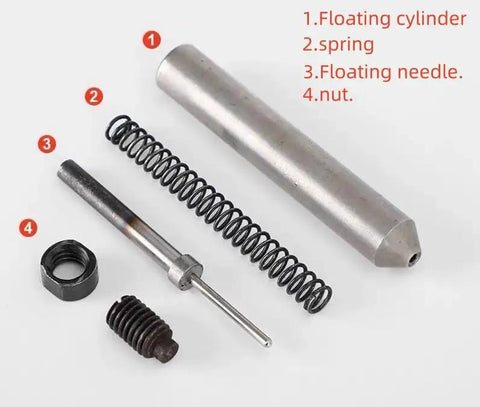 Riveting Machine Kit With Semi Hollow Rivets Accessories For Flanging Curling Punch Die Lower Die And Hardware Stamping Needle Pro Grade Durable Build For Easy Setup And Fast Precise Riveting On Metal Projects components including floating cylinder, spring, needle, and nut displayed.