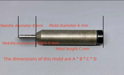 Close-up of needle mold with diameter measurements on industrial tool