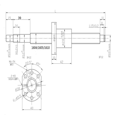 Technical diagram of 1pcs rm1605-350mm ballscrew with bf12/bk12 kit, part of the ✝️ 2pcs hgr20-300mm linear rail + 1pcs rm1605-350mm ballscrew set