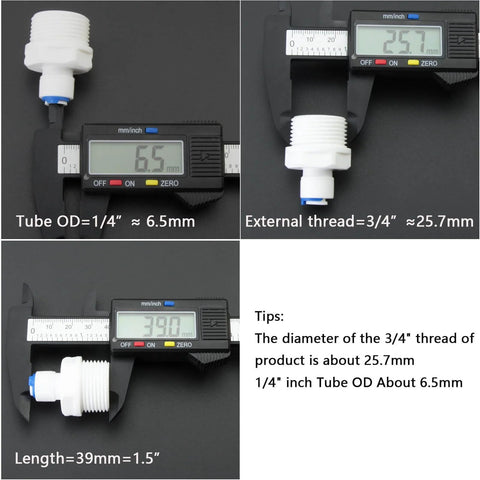 Three Quarter Inch Male Thread To One Quarter Inch OD PE Tube Push To Connect Straight Adapter For Plug And Play RO Water Filtration System Hose Double Joint Pre Purifier Water Purifier Plastic MNPT Fittings Set Of Three, shown with measurements