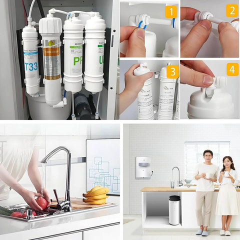 Three Quarter Inch Male Thread To One Quarter Inch OD PE Tube Push To Connect Straight Adapter For Plug And Play RO Water Filtration System Hose Double Joint Pre Purifier Water Purifier Plastic MNPT Fittings Set Of Three, installation process in a kitchen setup.