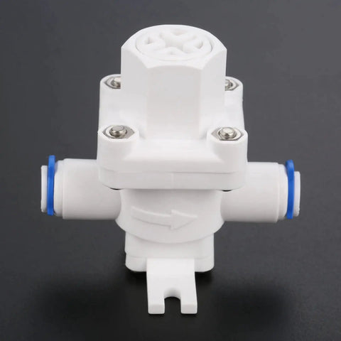 Front view of RO Water Pressure Regulator And Flow Regulator For Reverse Osmosis Systems One Quarter Inch Quick Connect Reducing Valve.