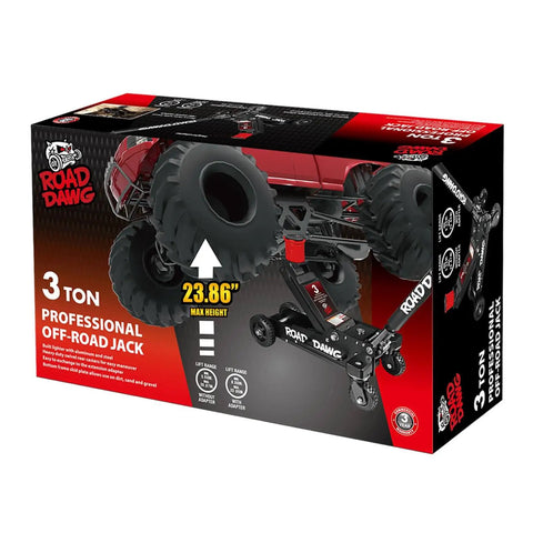 Road Dawg packaging showing Heavy Duty Off Road Floor Jack With 3 Ton Capacity And Big Wheel Design For Muddy Terrains