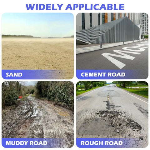 Four panels showing surfaces: sand, cement road, muddy road, and rough road, labeled widely applicable for different terrains.