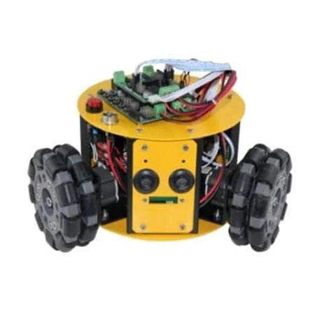 Omnidirectional Robot Wheel 3.94 Inch DIY Car Parts Flexible Maintenance on a yellow robotic car base with wiring and components.
