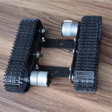 Robot Tracked Chassis Starter Kit With Two Tracks for Arduino Raspberry Pi MicroBit and Python, metal frame and motor components.