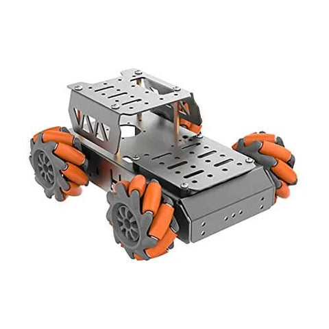 65mm Omni Directional Robot Wheel Set on a metal frame, high hardness plastic wheels with rubber grip in orange and gray, side to side movement