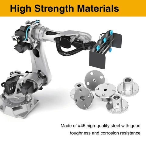 Industrial robot arm and heat-treated 8mm flange couplings for RC motors, showcasing rugged, precise shaft joins in compact builds.