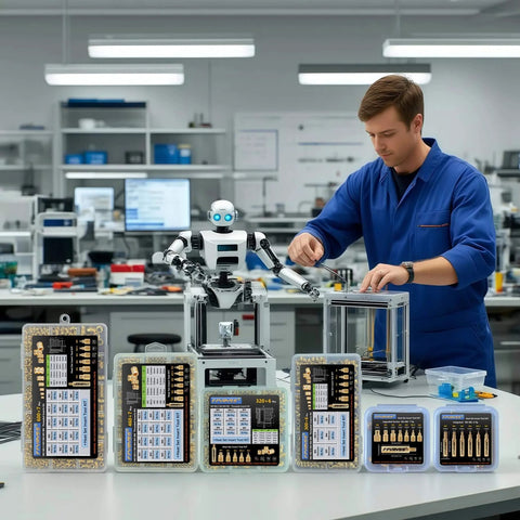Engineer working in a lab with 600+7Pcs M2 M2.5 M3 M4 M5 M6 Premium Brass Threaded Inserts, Metric Brass Knurled Nuts Assortment Kit displayed.