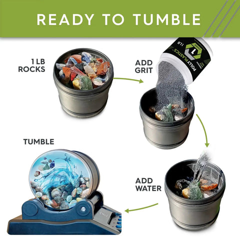 Steps showing how to use Rock Tumbler Grit And Ceramic Filler Refill Kit with four grit stages, adding grit and water to rocks.
