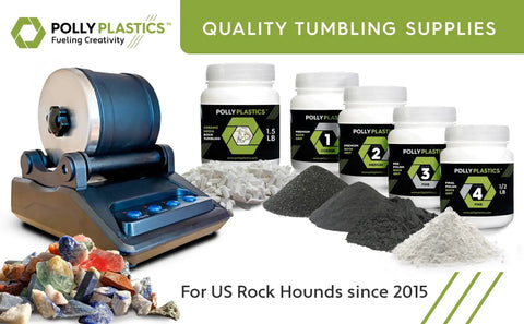 Four Step Rock Tumbler Grit and Polish Refill Kit includes four grit grades and a final polish next to rock tumbler and rocks.