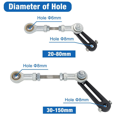 JQDML rocker arm for reciprocating actuator; silver metal, 8mm shaft hole, lengths 20–80mm and 30–150mm.
