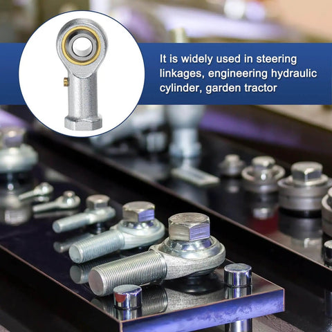 Heavy Duty Rugged Rod End Bearing 4 Pack Five Sixteenth Inch Bore Five Sixteenth Twenty Four Right Hand Thread Self Lubricating Female Thread Steel Joint With Jam Nuts For Forging Machines CNC Equipment And Automotive Linkages displayed on machine surface