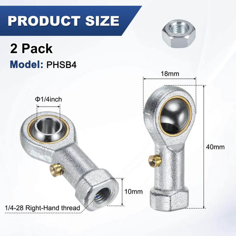 Rod End Bearings 2 Pack PHSB4 1/4 Inch Bore 1/4-28 Right Hand Thread Self Lubricating Female Thread Steel Joint With Jam Nuts