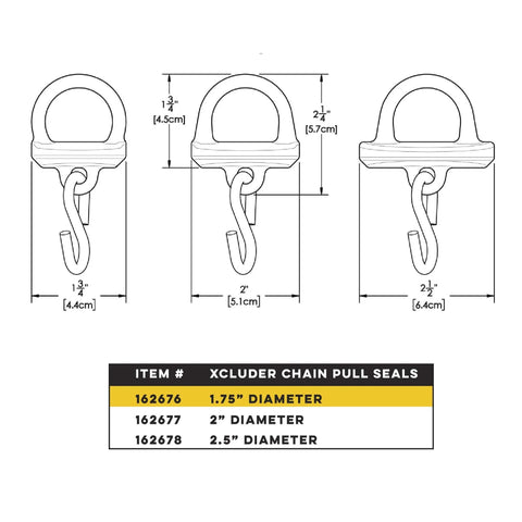 Rodent Proof Pull Chain Seal For Dock Levelers 1.75 Inch Solid Cast Aluminum Stops Mice And Rats Replaces Standard Ring Essential Pest Prevention For Businesses And Commercial Property Xcluder shown in sizes 1.75, 2, 2.5 inches