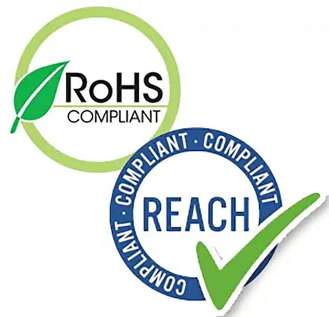 RoHS and REACH compliance logos with green leaf and check mark.