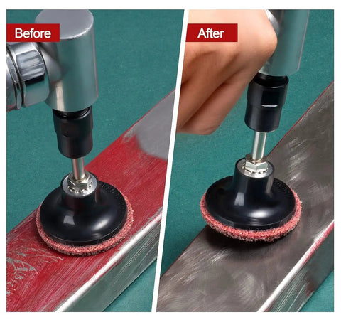 Before and after use of 46 Piece Two Inch Roll Lock Quick Change Sanding Discs With One Quarter Inch Holder For Die Grinder on metal surface.