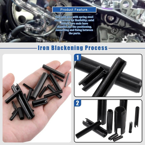 Roll Pin Assortment Kit Glarks Must Have 405 Pieces In 27 Sizes Slotted Spring Pins for home and auto repair, showcased in hand and close-up view.