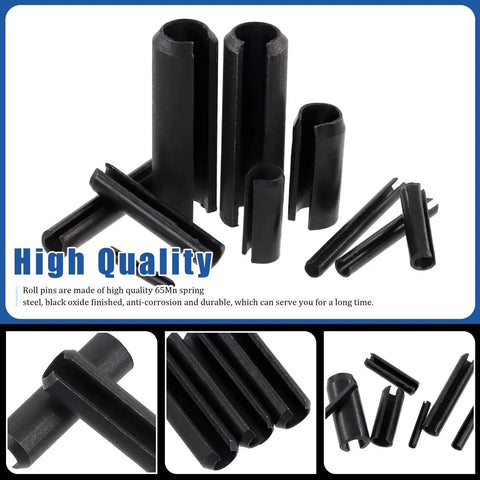 Huge 230 Piece Roll Pin Set In 11 Sizes For DIY Home Improvement And Auto Repair; close-up of black slotted spring pins M2-M10.
