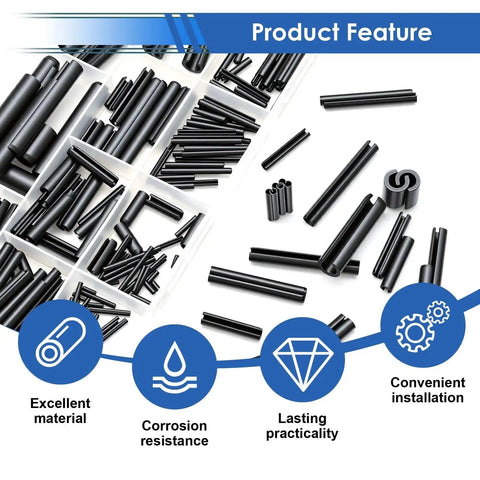 Roll Pin Set 230Pcs SAE Inch Slotted Spring Pins Assortment Kit for Home Improvement and Auto Repair includes ten sizes, shown with features.