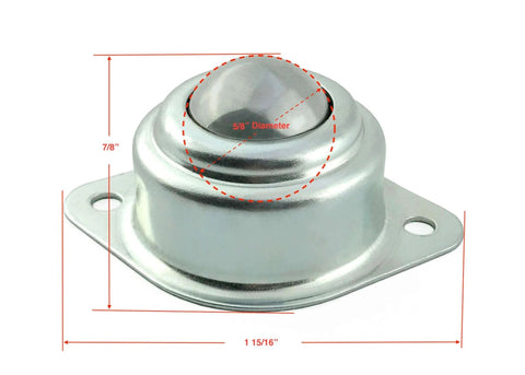 5/8 Inch Roller Ball Transfer Bearing, hardened steel unit for outfeed tables and workbenches, shown with measurements, 55 lb load capacity.