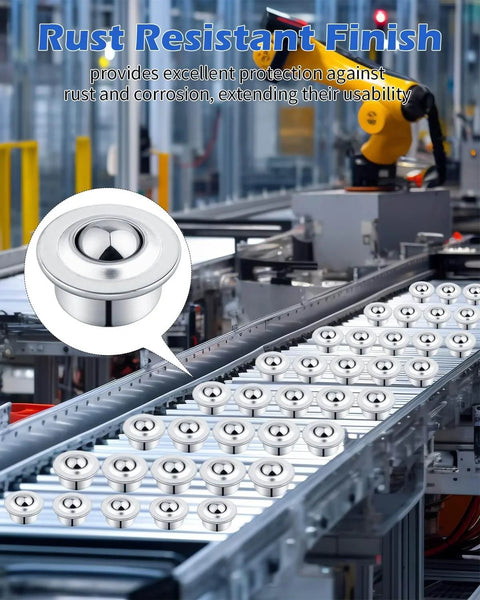 5/8" Roller Ball Transfer Bearing, 120PCS CY-15H Carbon Steel Ball Bearing Rollers, shown on a conveyor system