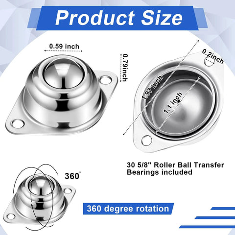 30 Pcs 5/8 Inch Roller Ball Transfer Bearings Carbon Steel Casters for Conveyors Furniture, showing dimensions and 360-degree rotation.