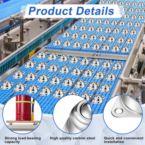 Conveyor with 60 Count 5/8 Inch Roller Ball Transfer Bearings in carbon steel, round ball bearings, rust-resistant, 55 lbs load capacity