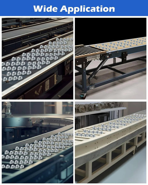 Image showing 30 Pcs 1/2 Inch Roller Ball Transfer Bearings Carbon Steel Ball Casters in use on conveyors and roller stands.