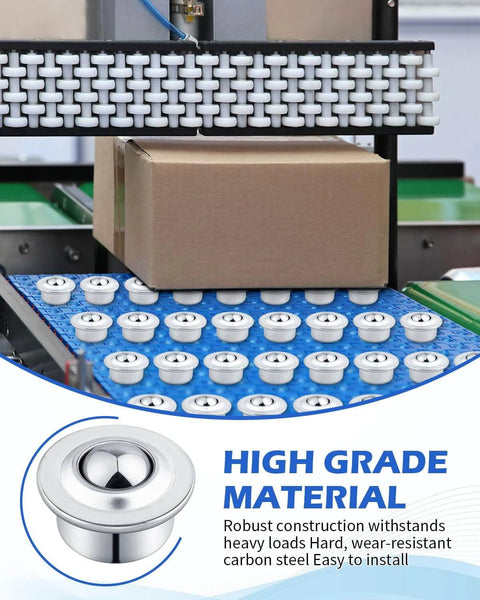5/8" Roller Ball Transfer Bearing, 120PCS CY-15H Carbon Steel, installed on conveyor with box, 44lbs capacity