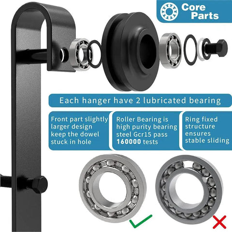 Double Track Bypass Sliding Barn Door Hardware Kit For Two Doors, features J Shape Hanger with bearings and installation components.