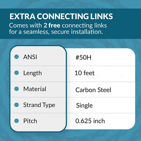 Specification chart for #50 Heavy Duty Roller Chain - 10 Feet + 2 Free Connecting Links - #50H, showing size, material, and type.