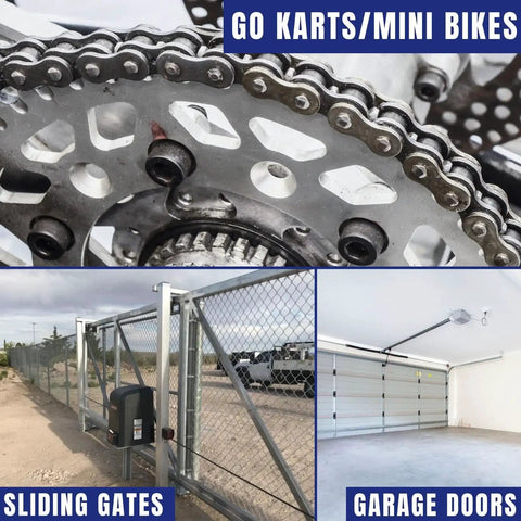 ANSI 25 Roller Chain 10 Feet With 2 Connecting Links for go-karts, mini bikes, sliding gates, and garage doors, showing installation use.