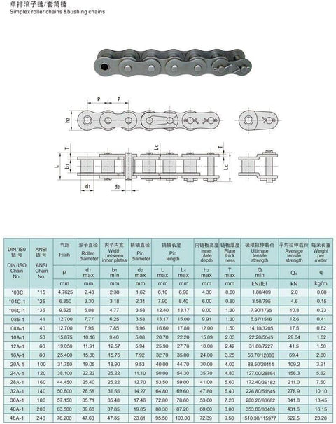 Technical diagram and specifications for simplex roller chains and bushing chains, showing dimensions and mechanical properties.