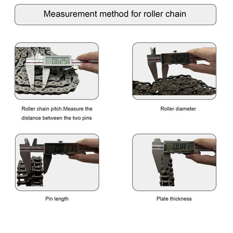 Tools measuring roller chain pitch, diameter, pin length, and plate thickness for Built Tough ANSI 50 Roller Chain Sprocket Type B 1 Inch Bore Saelno.