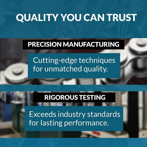 Cutting-edge precision manufacturing and rigorous testing highlighted for #60 Roller Chain - 10 Feet + 2 Free Connecting Links - Carbon Steel Chain - 159 Links.