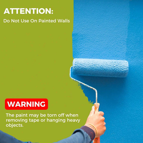 Person painting wall blue with roller, warning not to use Double Sided Tape Heavy Duty Mounting Tape 1.18 Inch By 10 Feet Nano Adhesive on painted walls.